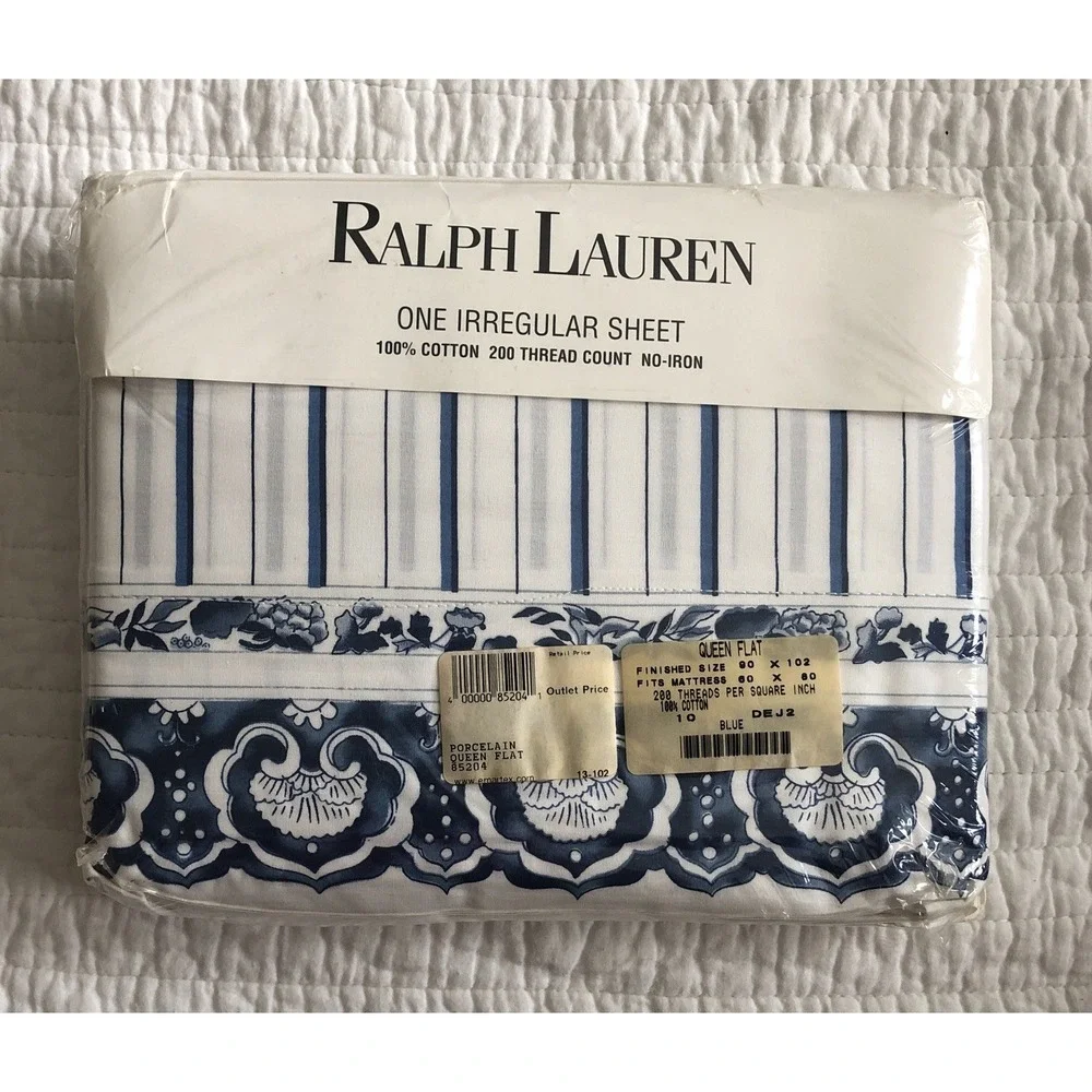 Ralph Lauren Jonquil Blue White Medallion Stripe Flat Sheet - Queen Irregular